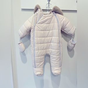 New with tags. Jacadi fur hooded snow suit, size 6M. Pristine. Retail $230.